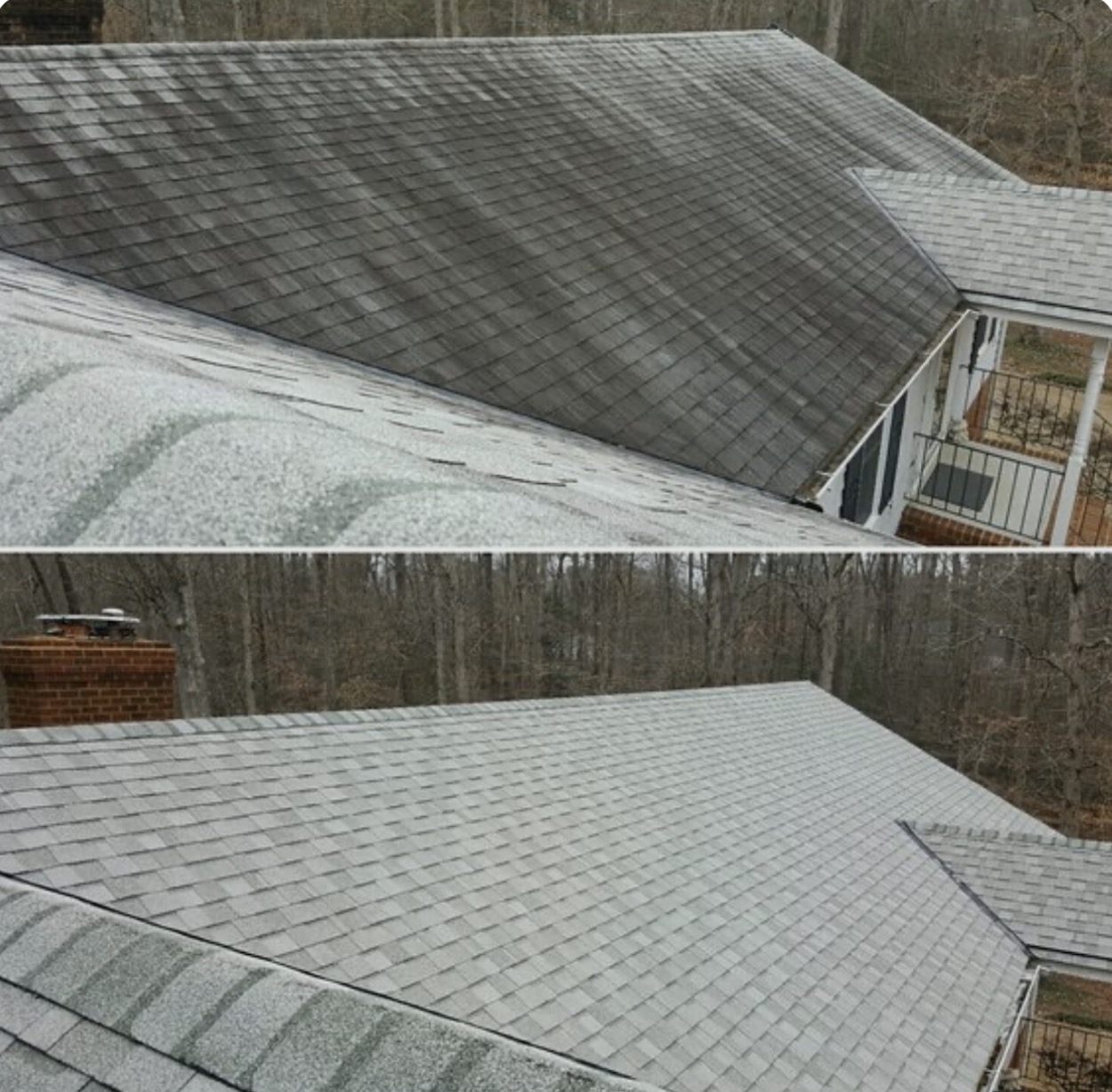 Before and after of dark roof shingles restored with a professional roof wash